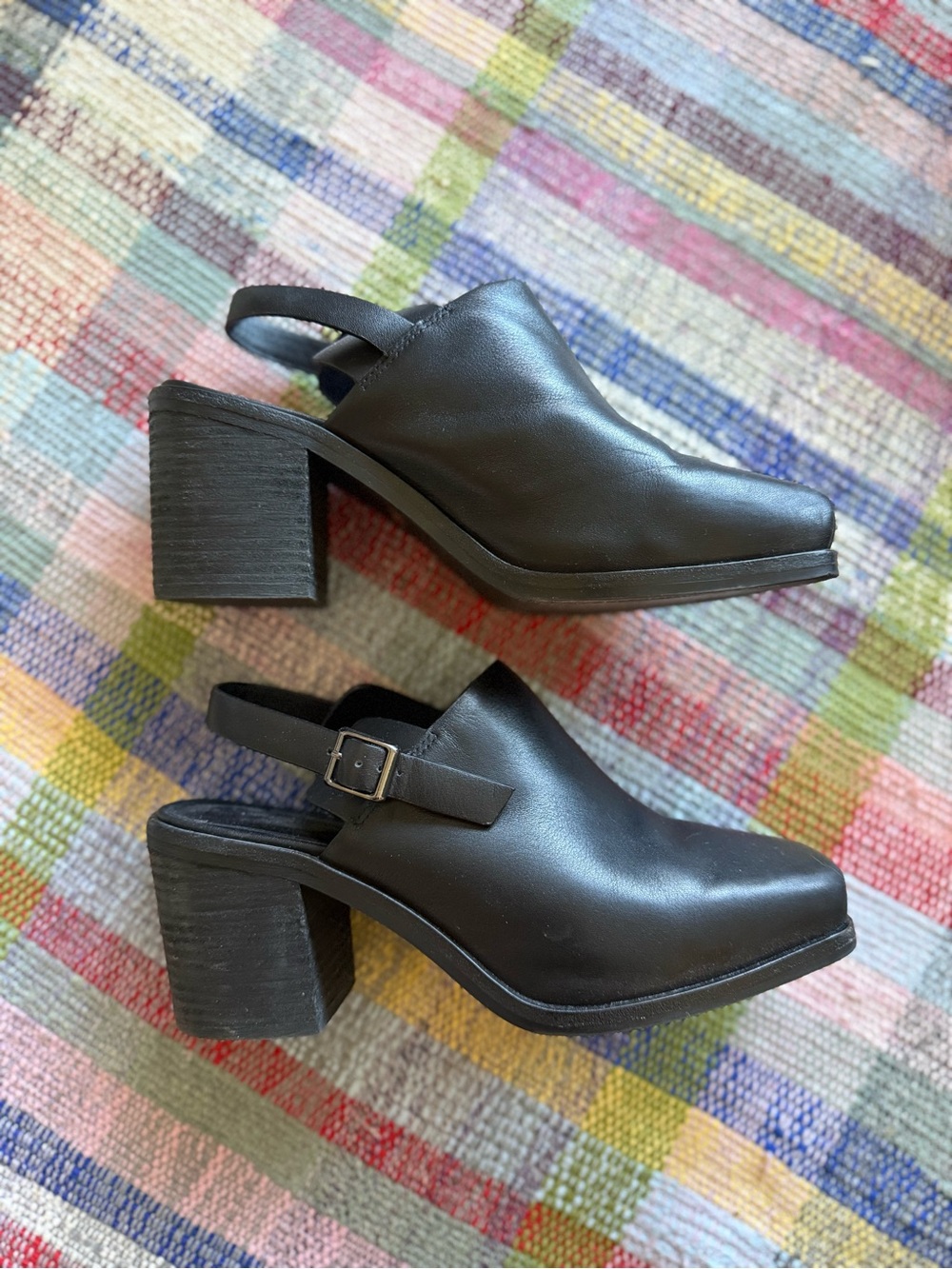 INTENTIONALLY BLANK Black Leather Slingback Block Heel Mules